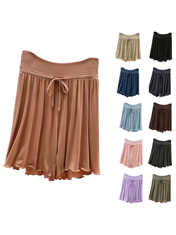 Ruffle Hem Drawstring Wide Leg Lounge Shorts High Elastic Waist Soft Flowy Casual Sleep Bottoms M-5XL