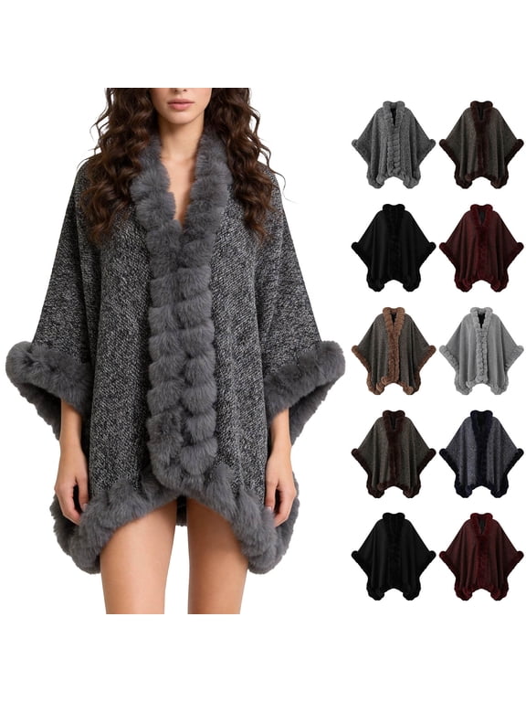 Ruffled Faux Fur Trim Wool Blend Poncho Cape, Open Front Warm Wrap Shawl Coat for Women Winter