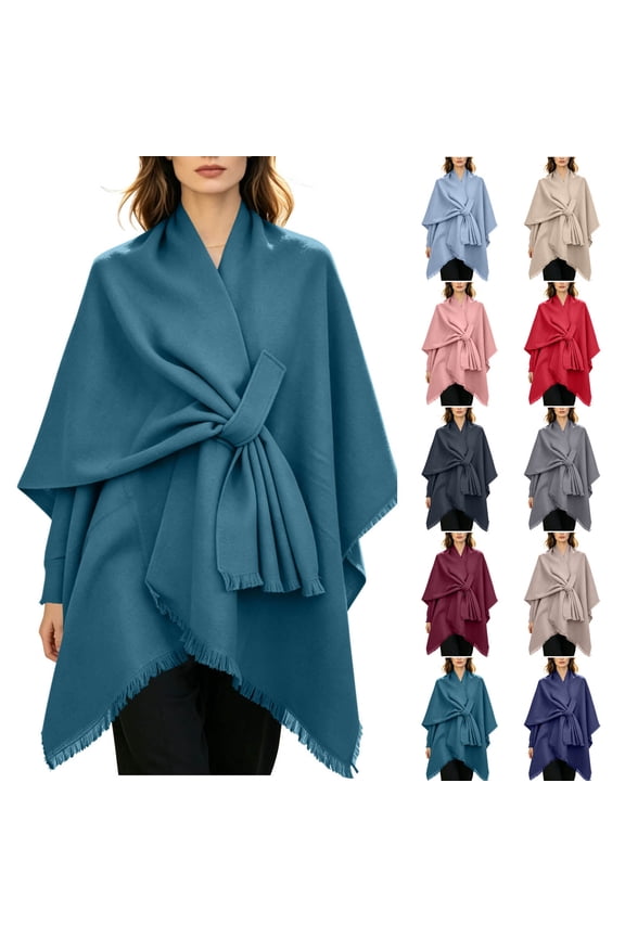 Self Tie Fringe Wool Blend Poncho Cape, Open Front Warm Wrap Shawl Coat for Women Fall Winter