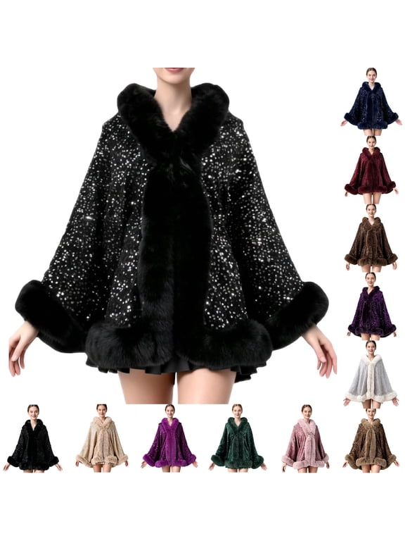 Sequin Faux Fur Trim Cape Shawl, Open Front Warm Poncho Wrap for Women Evening Wedding Party Dresses