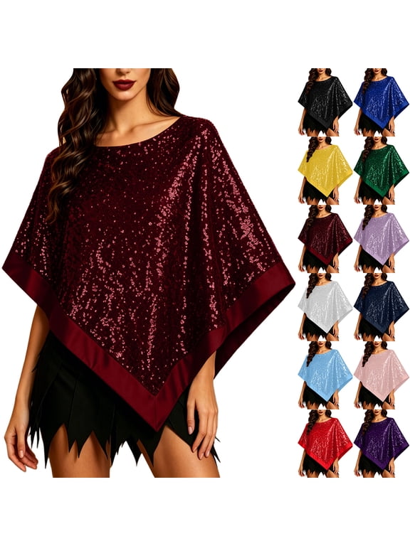 Sequin Satin Trim Triangle Poncho Shawl, Sparkly Loose Cape Wrap for Women Evening Themed Party Wedding