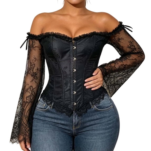 Fewfanhot Shapewear for Women Lace up Gothic Shoulder Straps Tank Overbust Shaper Corset Bustiers Top