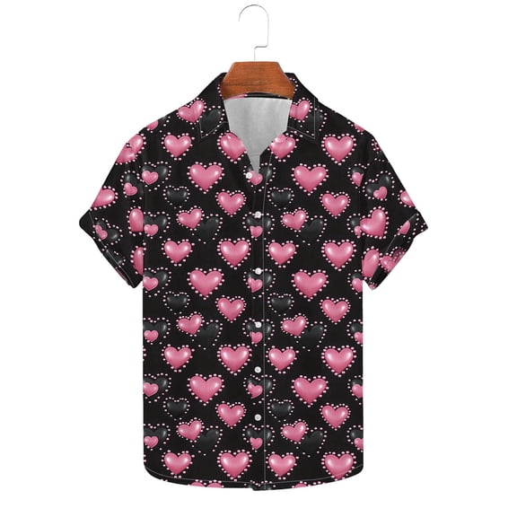 Fewfanhot Shirts for Men Valentines Day Shirt Heart Print Button Down Collared Short Sleeve Hawaiian Shirt