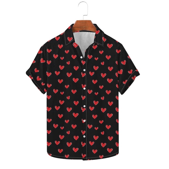 Fewfanhot Shirts for Men Valentines Day Shirt Heart Print Button Down Collared Short Sleeve Hawaiian Shirt