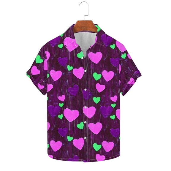 Fewfanhot Shirts for Men Valentines Day Shirt Heart Print Button Down Collared Short Sleeve Hawaiian Shirt