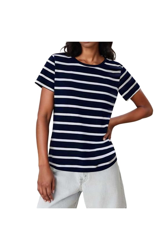 Shirts for Women Short Sleeve Striped T-Shirt - Crew Neck Classic Loose Fit Casual Comfy Breton Top