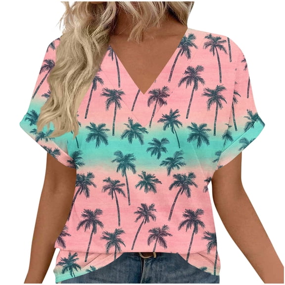Fewfanhot Shirts for Women Soft Summer Hawaii Tshirts Beach Print V Neck Button up Tops Floral Short Sleeve Tops