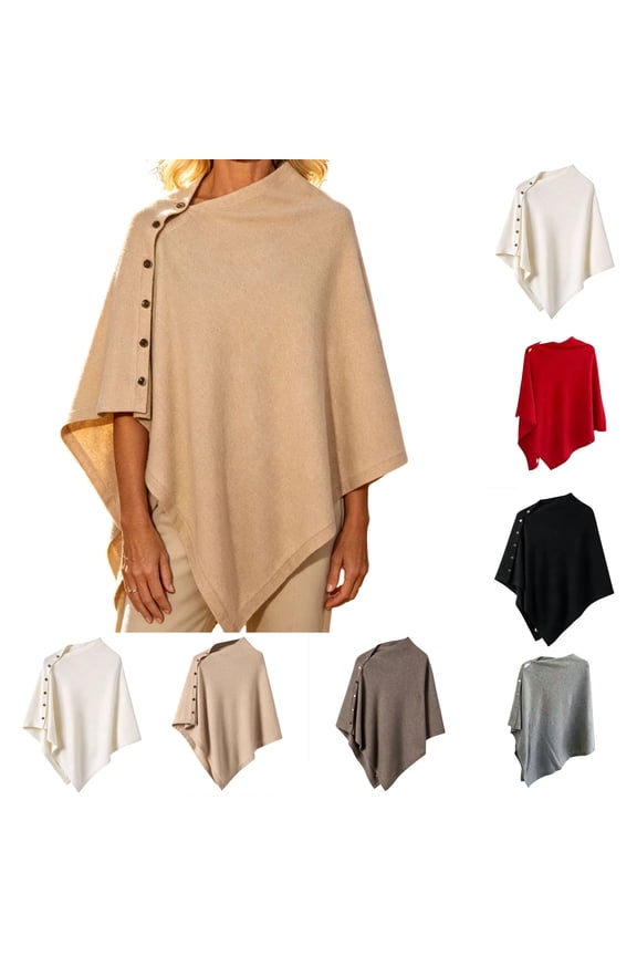 Side Button Asymmetrical Wool Blend Poncho Cape, Warm Solid Wrap Shawl for Women Fall Winter