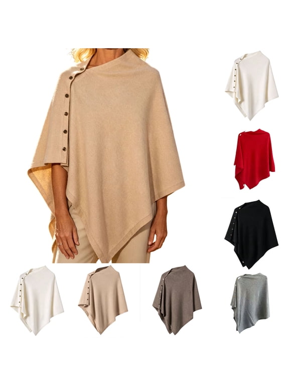 Side Button Asymmetrical Wool Blend Poncho Cape, Warm Solid Wrap Shawl for Women Fall Winter