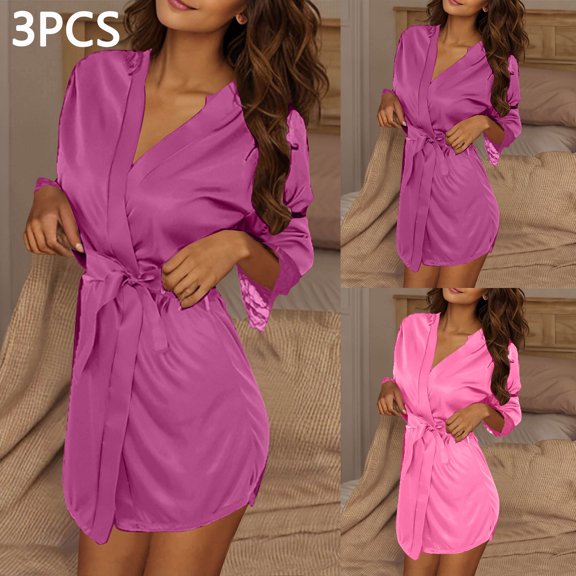 Fewfanhot Silk Robe Short Satin Bathrobe Lightweight Wedding Robes for Women Bridal Party Bride Bridesmaids Loungewear 3 pieces