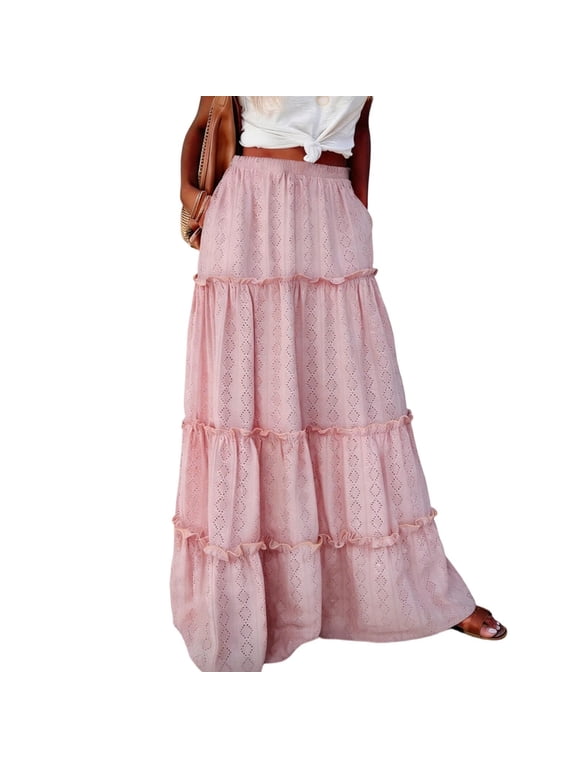Skirts for Women Summer Casual Elegant Smock Layered Tiered Maxi Skirt High Waisted A Line Flowy Long Skirts with Pockets
