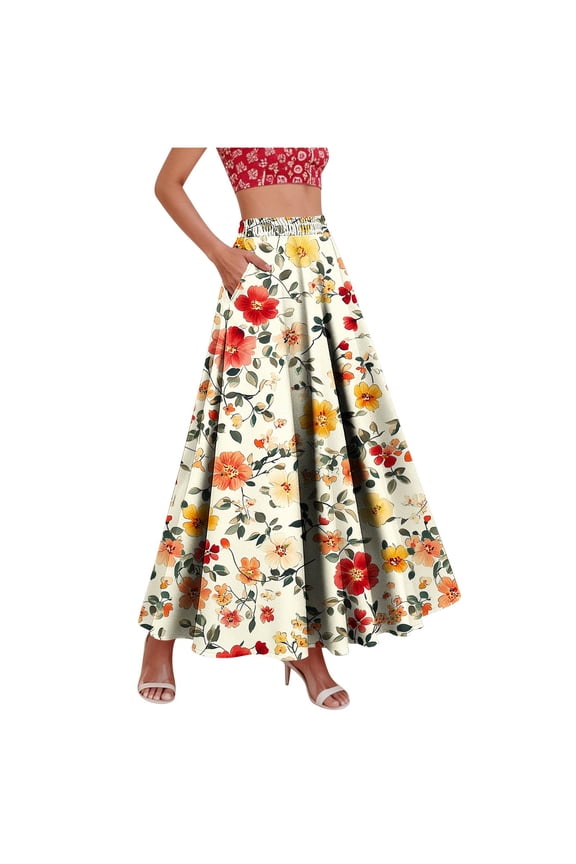 Skirts for Women Trendy Maxi Skirt with Pockets High Waisted Casual A-Line Pleated Long Skirts