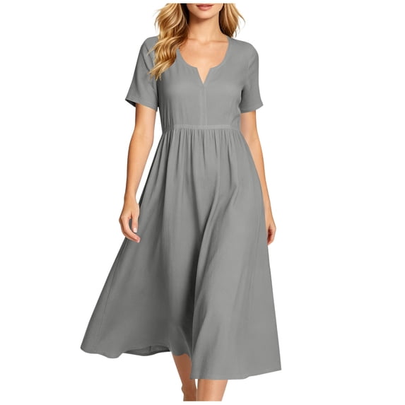 Fewfanhot Spring Dresses for Women Summer Flowy Midi Dress Casual V Neck Short Sleeve Empire Waist Boho Beach Dress Wedding Guest Maxi Dress