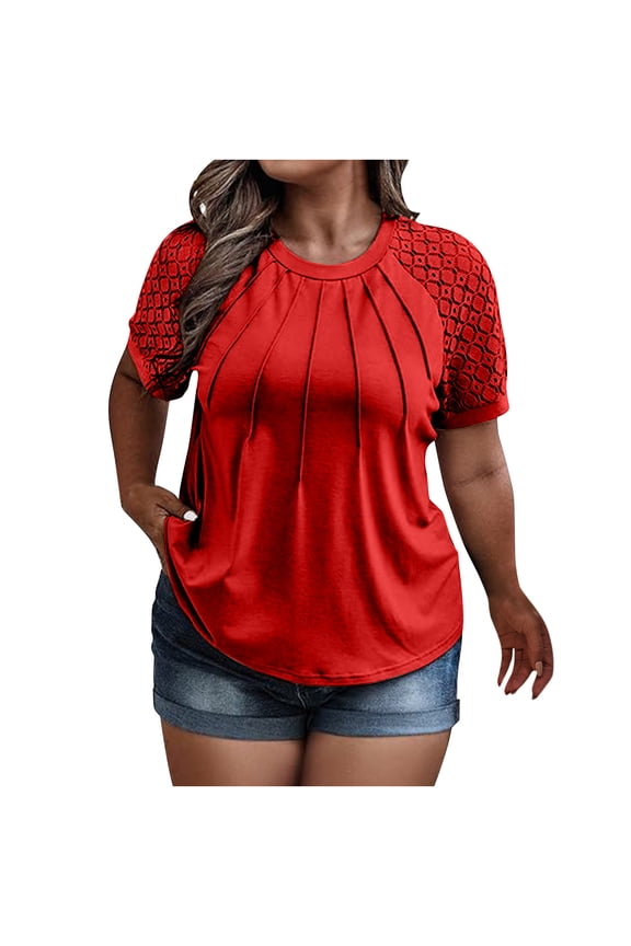 Spring Tops for Women Plus-Size Tops for Women Summer Reglan Shirts Lace Short Sleeve Tunics