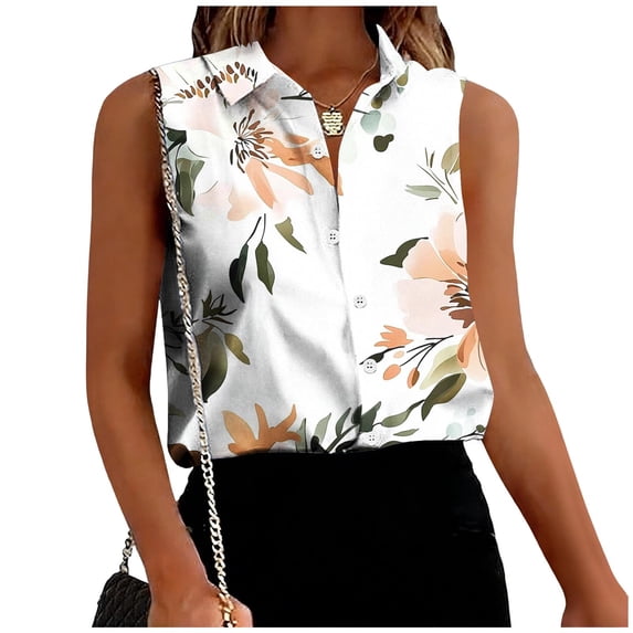 Fewfanhot Spring Tops for Women Sleeveless Button Down Casual Blouse V Neck Tank Tops for Business, Classic Collared Basic Tops