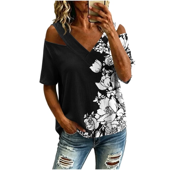 Fewfanhot Summer Tops for Women Cold Shoulder V-neck Summer Short Sleeve T-Shirts Vacation Loose Casual Tees