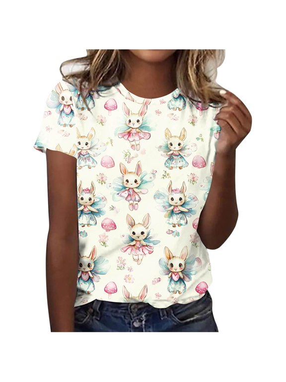 Summer Tops for Women Slim Fit Easter Print Cute Round Neck Pullover Casual Fashionable Top