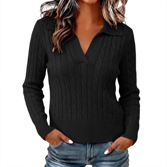 Fewfanhot Sweaters for Women Cable Knit Long Sleeve Polo V Neck Fall Outfits Collared Cropped Waist Length Pullover Sweater Top