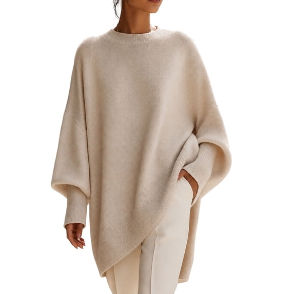 Fewfanhot Sweaters for Women Oversized Batwing Sweaters Long Sleeve Crew Neck Knit Asymmetrical Pullover Tops