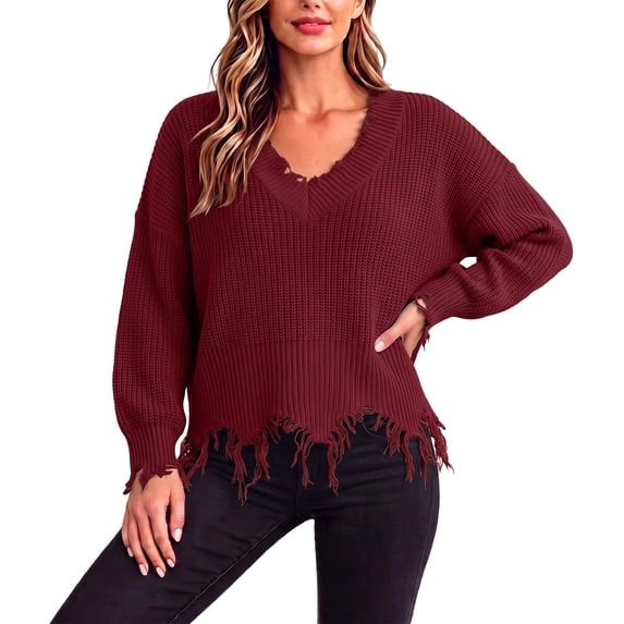 Fewfanhot Sweaters for Women Oversized Long Sleeve V Neck Ripped Cozy Warm Knitted Winter Pullover Sweaters