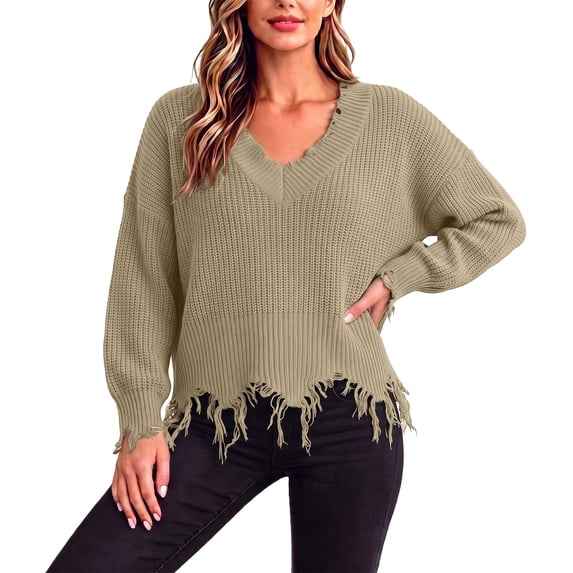 Fewfanhot Sweaters for Women Oversized Long Sleeve V Neck Ripped Cozy Warm Knitted Winter Pullover Sweaters