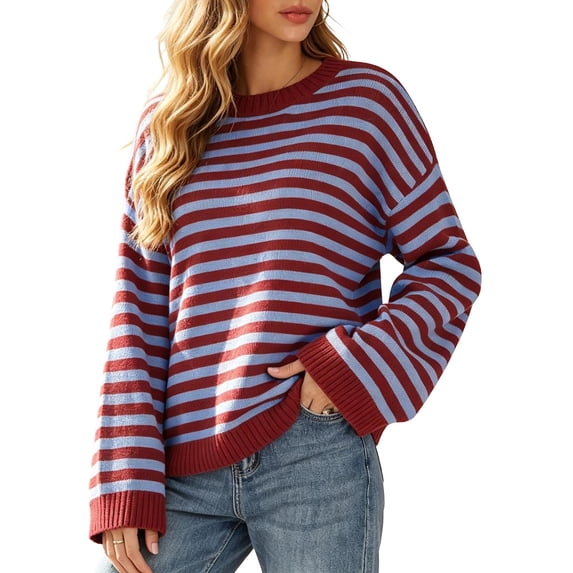 Fewfanhot Sweaters for Women Striped Knit Casual Crew Neck Long Sleeve Trendy Pullover Sweater Tops