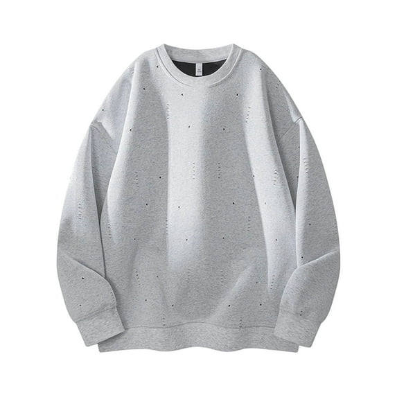 Fewfanhot Sweatshirts for Men Crewneck Solid Color Distressed With Holes Long Sleeve Sweatshirt Pullover Fall Winter Tops