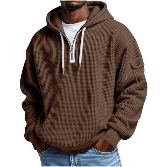 Fewfanhot Sweatshirts for Men Pullover Quarter Casaul Long Sleeve Drawstring Waffle Knit Hooded Sweatshirt With Pocket