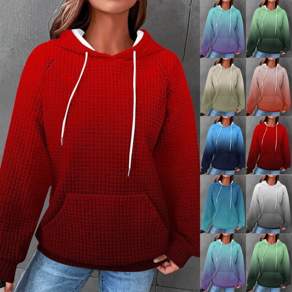 Fewfanhot Sweatshirts for Women Casual Long Sleeve Drawstring Waffle Pullover Tops Loose Hooded Sweatshirt with Pocket