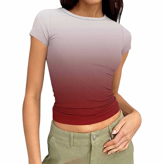 Fewfanhot T Shirts for Women Crew Neck Ribbed Skim Short Sleeve Fitted T Shirts Casual Basic Tight Tees Stretchy Tops for Women
