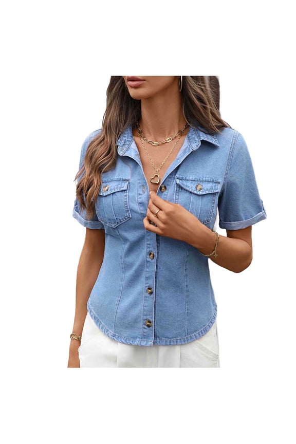 T Shirts for Women Crop Denim Shirt Short Sleeve Button Down Short Jean Jacket Trendy Jean Tops Shackets