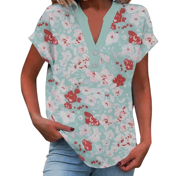 Fewfanhot T Shirts for Women Dressy Casual Tops Summer V Neck Shirts Boho Floral Blouses Vacation Outfits