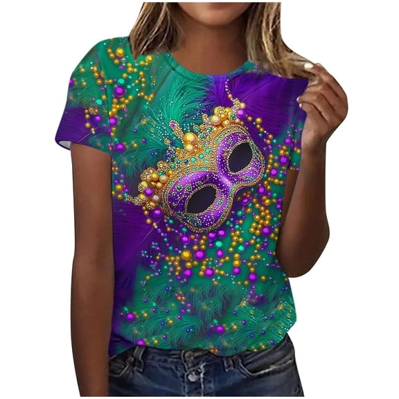 Fewfanhot T Shirts for Women Mardi Gras Shirts Carnival Parade Street Short Sleeve Mask Graphic Funny Top Tee