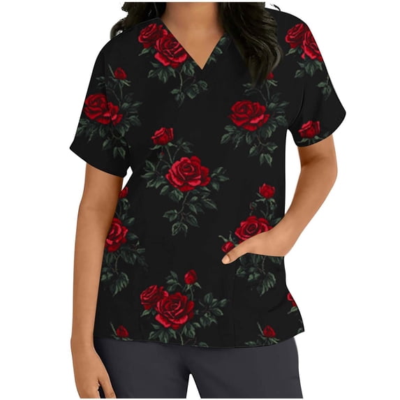 Fewfanhot T Shirts for Women Printed V-neck Short Sleeved Pocket Scrub Top
