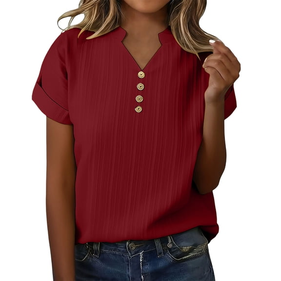 Fewfanhot T Shirts for Women Summer Short Sleeve Button T Shirt Classic Fit V Neck Tops for Office Work