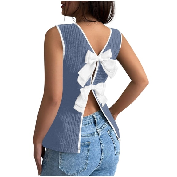 Fewfanhot Tank Tops for Women Backless Bow Knit Sweater Long Sleeve Contrast Trim Crew Neck Loose Pullover Top
