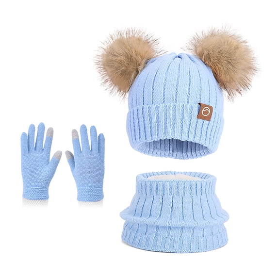 Fewfanhot Three-Piece Knit Hat & Scarf Set with Adorable Bear Ear Pom-Pom Knitted Beanie Hat 3PC (1pc hat,1pc scarf,1 pair of gloves)