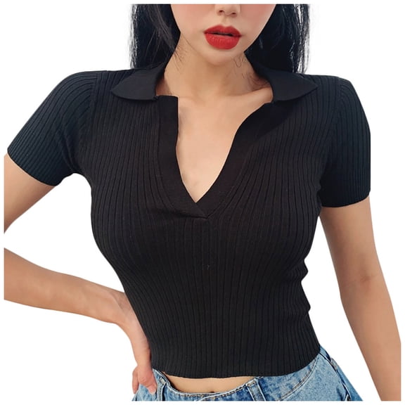 Fewfanhot Tops for Women Trendy Knit Crop Shirts,Summer Short Sleeve Ribbed Collared T-Shirt Solid Fitted V Neck Tops