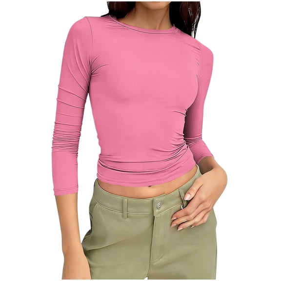 Fewfanhot Tops for Women Trendy Long Sleeve Shirts Spring 2026 Casual Basic Going Out Crop Tops Slim Fit Tight Clothes