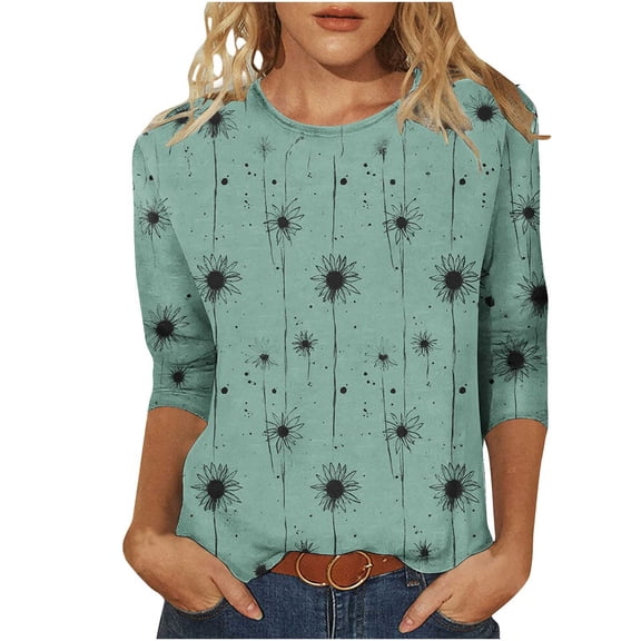 Fewfanhot Tops for Women Trendy Loose Hem Split Shirts Round Neck Trendy Split Tunic Floral Print Blouse