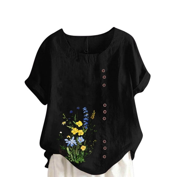 Fewfanhot Tops for Women Trendy Printed Loose Boho Shirts Women Plus Size Summer Crew Neck Short Sleeve Blouses