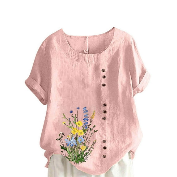 Fewfanhot Tops for Women Trendy Printed Loose Boho Shirts Women Plus Size Summer Crew Neck Short Sleeve Blouses