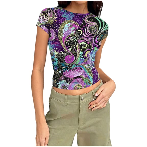 Fewfanhot Tops for Women Trendy Short Sleeve Flower Graphi Vintage Aesthetic Floral Print Summer Crop Tshirt Tops