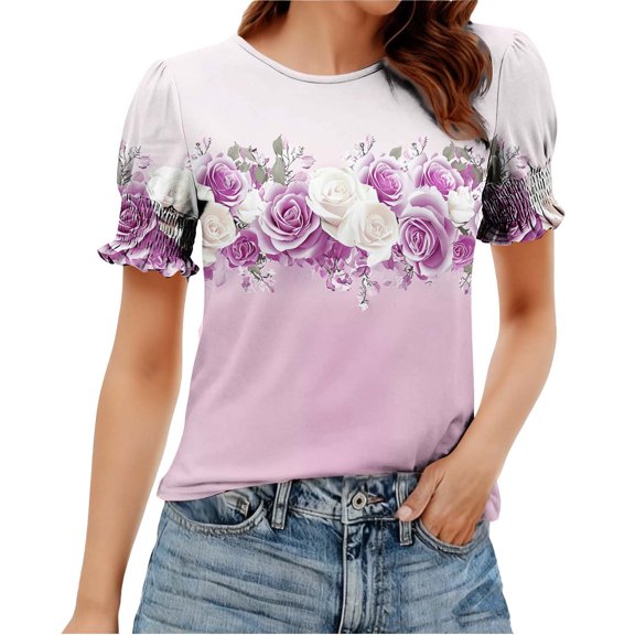 Fewfanhot Tops for Women Trendy Short Sleeve Tops Floral Boho Shirts Pleated Crewneck Summer Outfit Puff Sleeve Blouses Casual Tunic