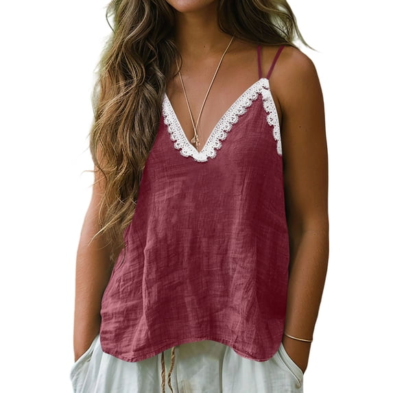 Fewfanhot Tops for Women Trendy Summer Lace Sleeveless Tank Top with Scalloped Hem, Vintage Boho Spaghetti Strap Blouse