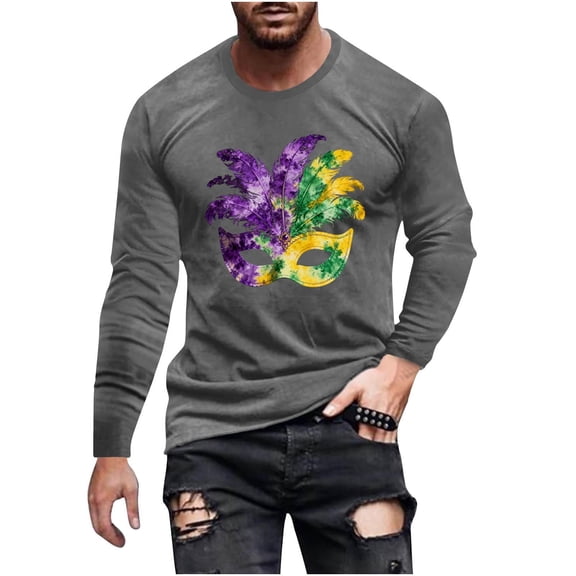 Fewfanhot Tshirts Shirts for Men Mardi Gras Shirts Long Sleeve Crewneck Classic Carnival Print T-Shirt