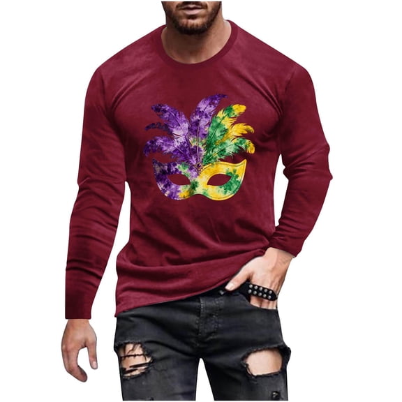 Fewfanhot Tshirts Shirts for Men Mardi Gras Shirts Long Sleeve Crewneck Classic Carnival Print T-Shirt
