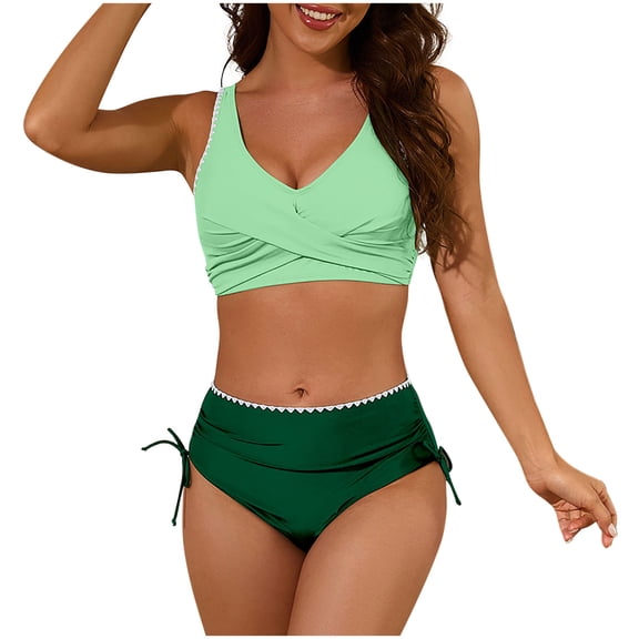 Fewfanhot Tummy Control Swimsuits for Women High Waisted Swimsuit Deep V Neck Back Tie Ruched Full Coverage