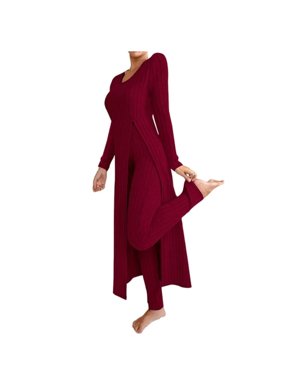 Two Piece Sets for Women Fall Knit Two-Piece Set Ribbed Long Sleeve Top & Pants Casual Slit Design Comfort Fit
