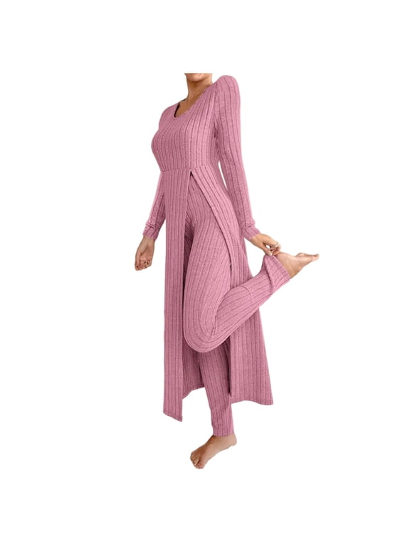 Two Piece Sets for Women Fall Knit Two-Piece Set Ribbed Long Sleeve Top & Pants Casual Slit Design Comfort Fit